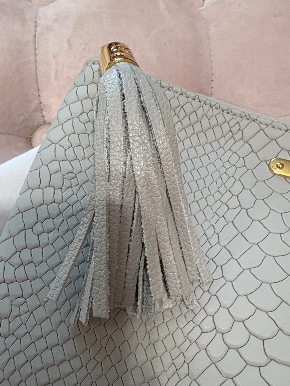 GiGi New York Light Grey Python-Embossed Leather Clutch with Tassel
